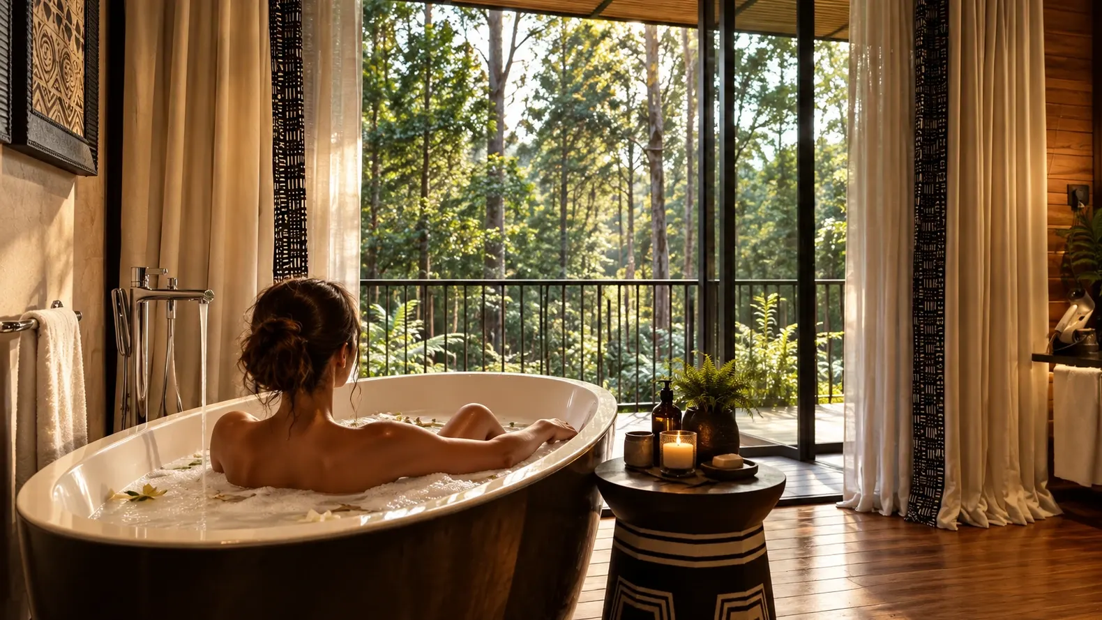 Woman relaxing in a freestanding bath overlooking the forest