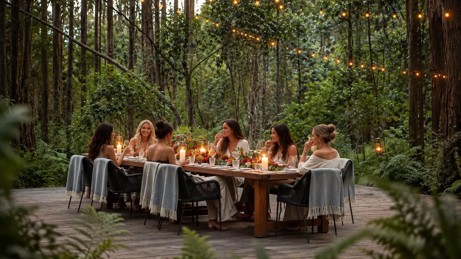Women sharing a candlelit dinner in the Rwandan forest