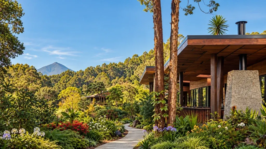 Forest lodge path with a volcano view in Rwanda