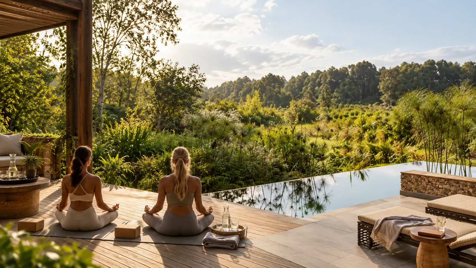 Two women meditating beside a forest infinity pool in Rwanda